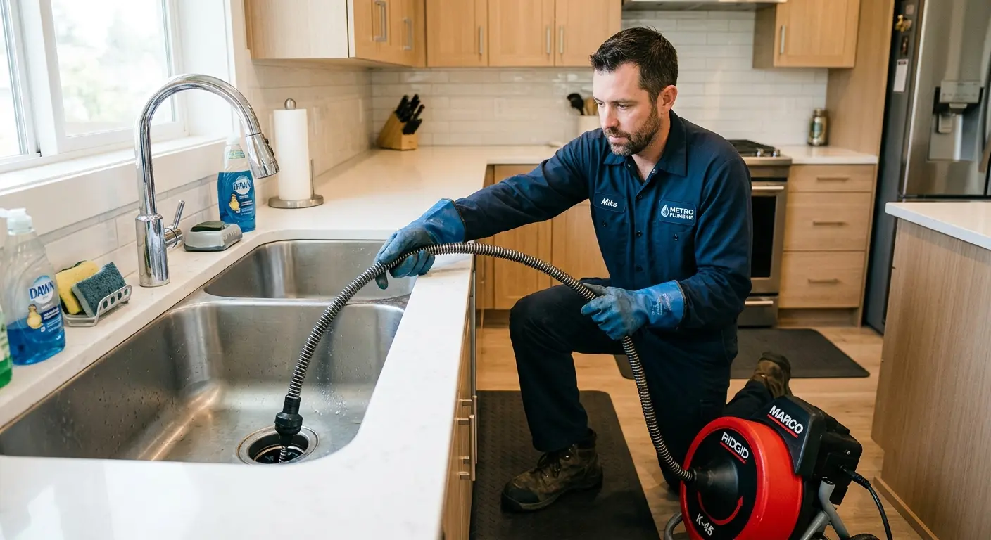 Drain cleaning technician using a motorized snake on a kitchen sink in Edinburg