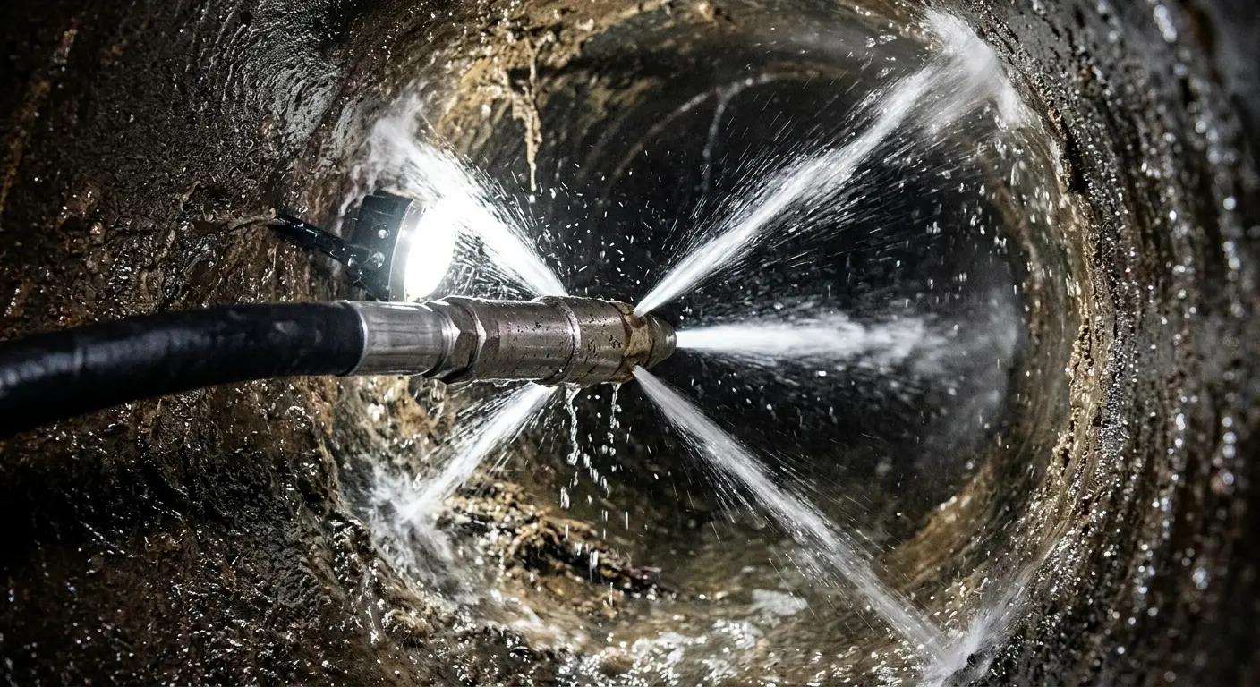 High-pressure hydro jetting nozzle cleaning sewer pipe for Sewer Cleanout in Edinburg