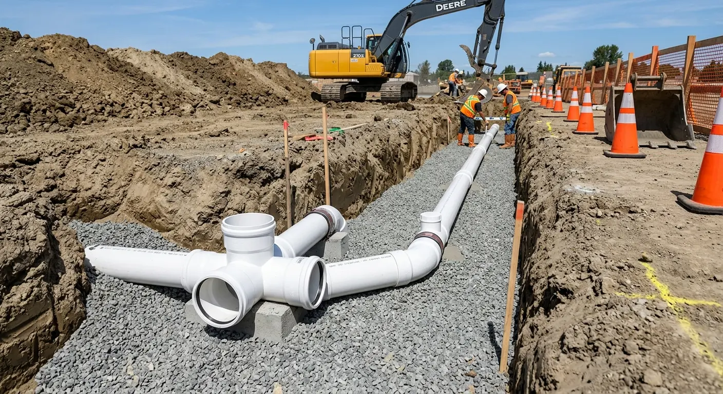 New PVC sewer pipe installation in open trench for Grease Trap Cleaning in Edinburg