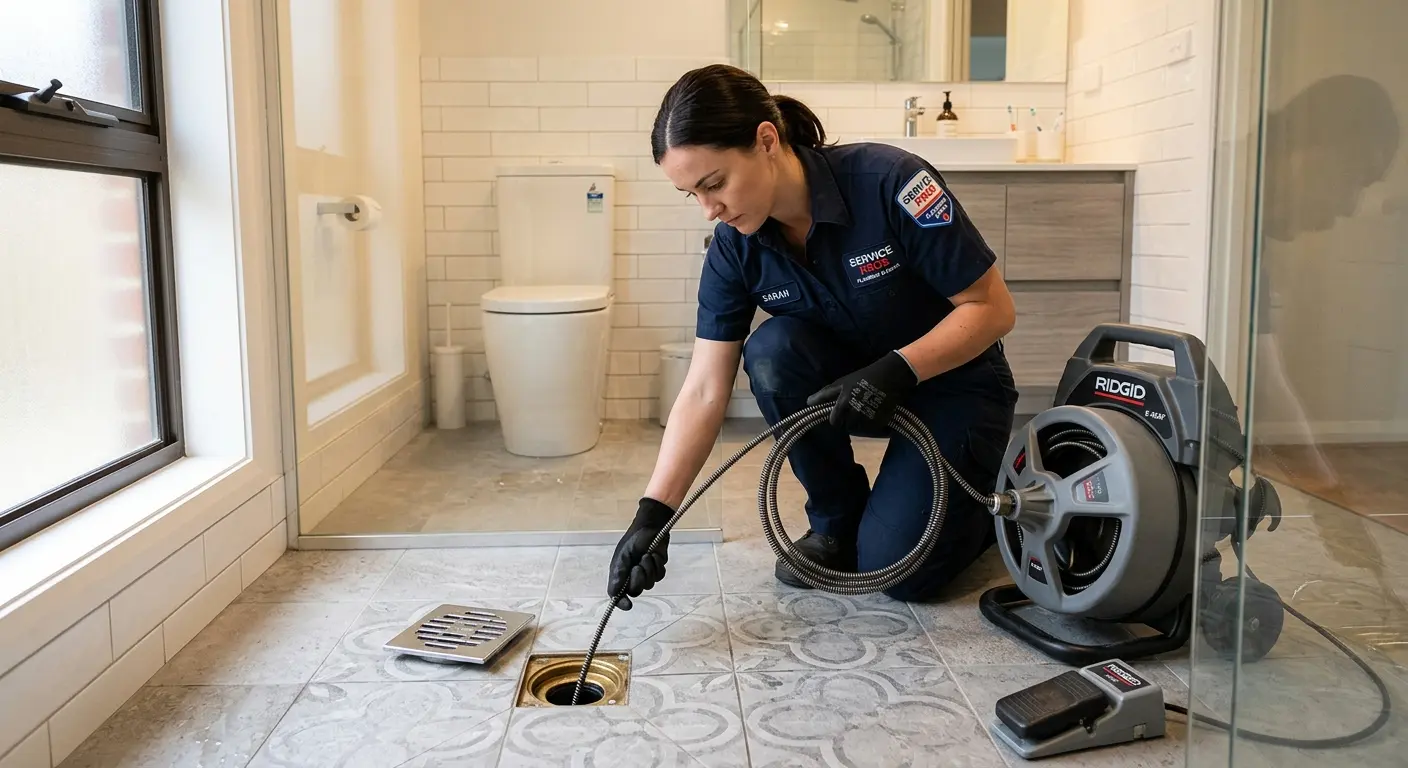 Technician clearing a bathroom floor drain for Sewer Line Installation in Edinburg